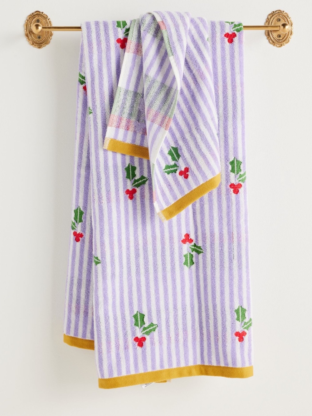 Anthropologie Christmas Bath Towel Icon White Purple Stripe Holly Berry New 54”